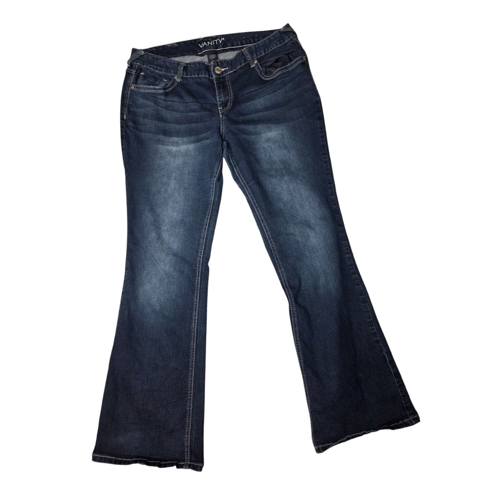 Vanity Boot Cut Jeans Mid Rise Stretch Dark Wash Embroidered Pockets 33x32